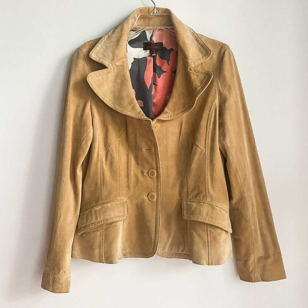 Danier Leather Light Camel Suede Button up Notched Collar Cropped Jacket M